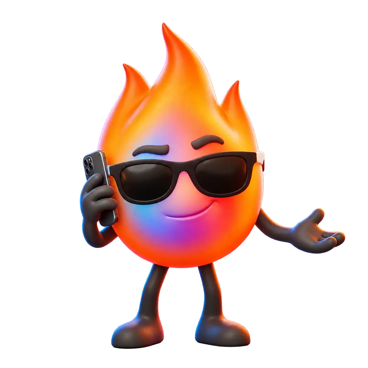 Ignis, the Liquid Flame Design mascot, ready to talk on the phone.